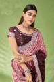 sari en georgette bordeaux avec fil, miroir, brodé