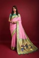 sari banarasi rose bébé en soie banarasi avec tissage zari