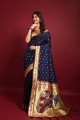 sari en soie banarasi avec zari, tissage en bleu marine