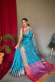 tissage sari en soie bleu patola