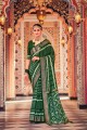 sari vert en coton avec imprimé, tissage, bordure en dentelle