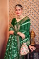 sari vert en coton avec imprimé, tissage, bordure en dentelle