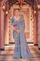 sari en coton gris avec imprimé, tissage, bordure en dentelle
