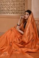 sari en soie brute orange avec tissage