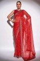 brodé, imprimé, bordure dentelle Georgette sari en rouge