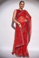 brodé, imprimé, bordure dentelle Georgette sari en rouge