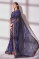 sari bleu georgette brodé, imprimé, bordure en dentelle