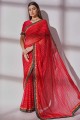 brodé, imprimé, bordure en dentelle georgette sari rouge avec chemisier