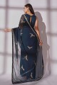 sari bleu sarcelle avec georgette brodée