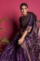 zari,brodé,tissage sari violet en soie brute avec chemisier