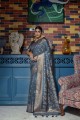 sari gris en soie grège avec tissage zari