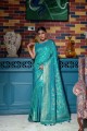 zari, tissage sari turquoise en soie brute avec chemisier