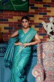 zari, tissage sari turquoise en soie brute avec chemisier