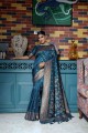 sari bleu sarcelle en soie grège avec tissage zari