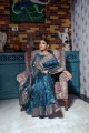 sari bleu sarcelle en soie grège avec tissage zari