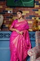 sari rose avec zari, tissage de soie brute