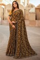 sari en georgette imprimé à bordure en dentelle marron avec chemisier