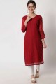 embroidered straight kurti in maroon georgette