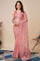 sari en filet doux rose avec chikankari, brodé