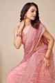 sari en filet doux rose avec chikankari, brodé