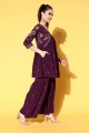 Sharara Salwar Kameez en crêpe violet bordeaux avec imprimé