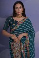 teal blue  georgette sari with sequins,digital print