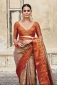 silk orange sari in zari,hand,weaving