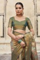 silk zari,hand,weaving olive sari with blouse