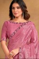 stone,sequins,embroidered sari in pink georgette