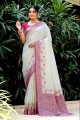 zari blanc, fil, tissage banarasi soie sari