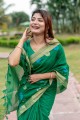sari vert en lin avec zari, fil, tissage