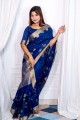 sari en lin bleu avec zari, tissage