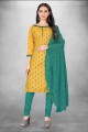 Salwar Kameez jaune en coton avec impression numérique