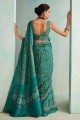 jute sari in sea green with zari,beads,printed,weaving