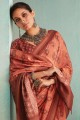 zari,beads,printed,weaving jute sari in brown with blouse