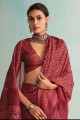 burgundy  zari,beads,printed,weaving jute sari