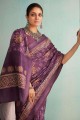 sari in voilet  jute with zari,beads,printed,weaving