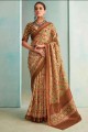 jute sari in beige  with zari,beads,printed,weaving