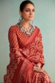 jute sari in maroon with zari,beads,printed,weaving