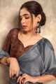 satin grey sari in digital print