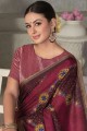 maroon embroidered tussar silk sari