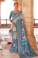 silk aqua blue  sari in embroidered