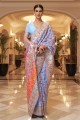 sky blue sari in handloom silk with printed