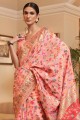 peach sari with printed handloom silk