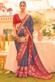 Nevy sari imprimé bleu en soie