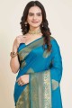 Zari sari bleu soie avec chemisier
