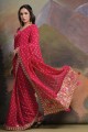 sari georgette avec paillettes, imprimé, bordure en dentelle rose