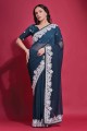 fil, brodé georgette sari en bleu sarcelle