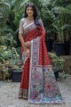 Sari rouge imprimé en soie Tussar