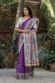 Tussar soie violet sari en imprimé